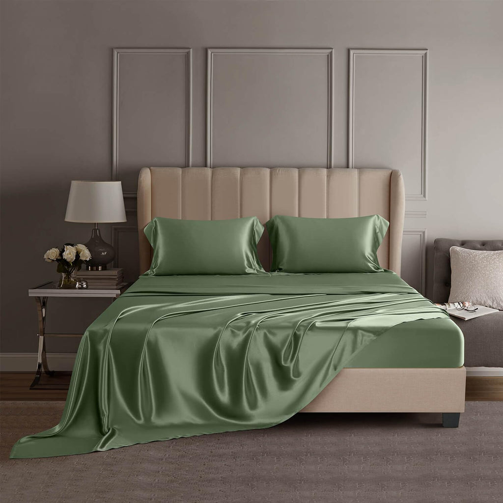 DISANGNI 22 Momme 100% Mulberry Silk Bedding Set - 4-Piece Luxury (2 Pillowcases, 1 Fitted Sheet, 1 Flat Sheet) - 6A Grade Natural Silk (Green, Full)