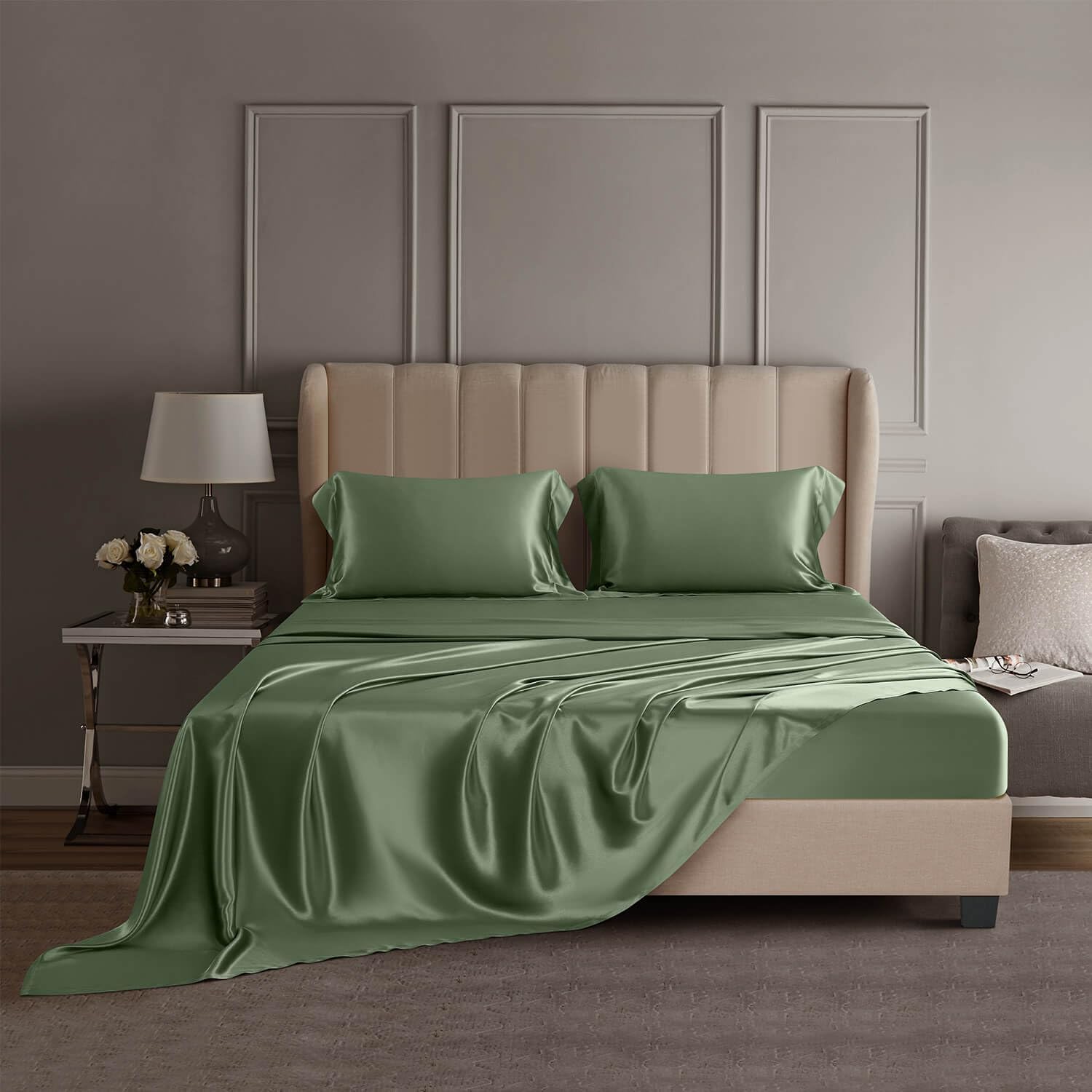 DISANGNI 22 Momme 100% Mulberry Silk Bedding Set - 4-Piece Luxury (2 Pillowcases, 1 Fitted Sheet, 1 Flat Sheet) - 6A Grade Natural Silk (Green, Full)