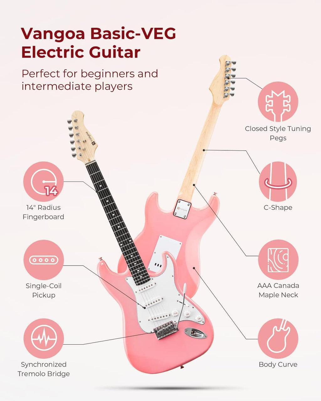 Vangoa 39 Inch Full Size Electric Guitar Beginner Kit Solid Body Pink SSS Pickups with Amp, Bag, Tremolo Bar, Strings, Tuner, Picks, Strap, Capo, Cable for Starter Girls Adults Teens
