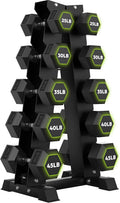 HANDBODE Rubber Coated Hex Dumbbell Set with A-Frame Rack, 100 lb - 550 lb Multiple Options Weight, Hexagon Non-Rolling Shape, Ergonomic Knurled Handle, Home Gym Equipment for Strength Training