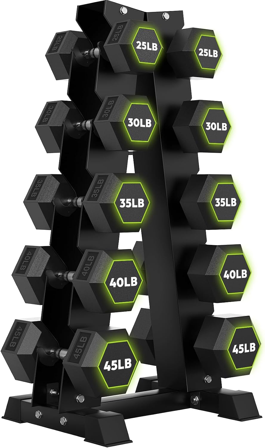 HANDBODE Rubber Coated Hex Dumbbell Set with A-Frame Rack, 100 lb - 550 lb Multiple Options Weight, Hexagon Non-Rolling Shape, Ergonomic Knurled Handle, Home Gym Equipment for Strength Training