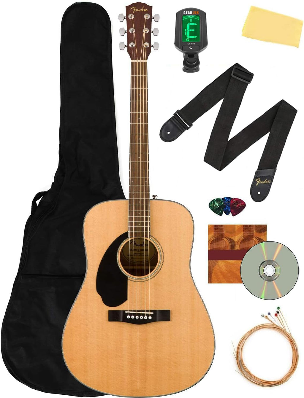 Fender CD-60S Solid Top Dreadnought Acoustic Guitar, Left Handed - Natural Bundle with Gig Bag, Tuner, Strap, Strings, Picks, and Austin Bazaar Instructional DVD