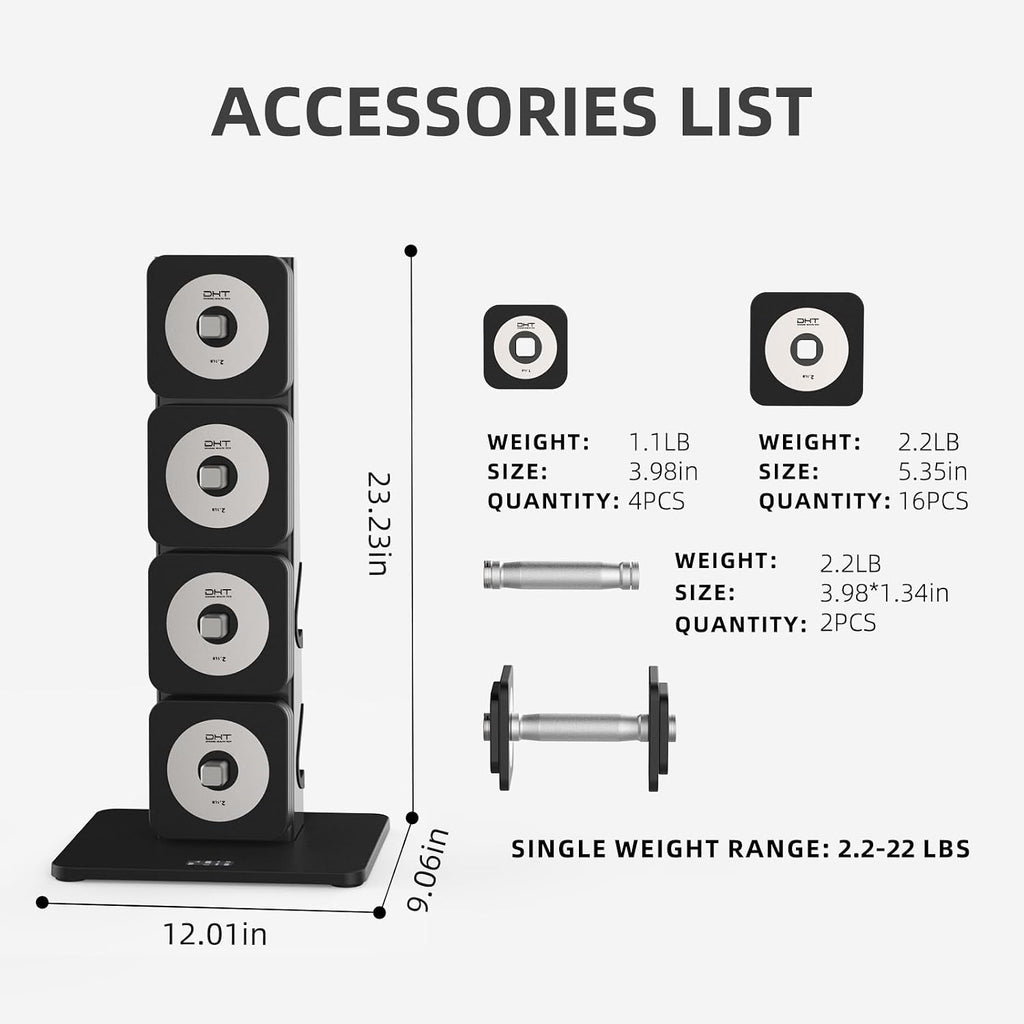 DHT Adjustable Dumbbells, Dumbbell Sets with Rack, Free Weights Dumbbells Set, All-Purpose Fitness, Anti-Rolling, Weights Set for Gym, Home, Office, 2.2-22 lbs, 1 Set