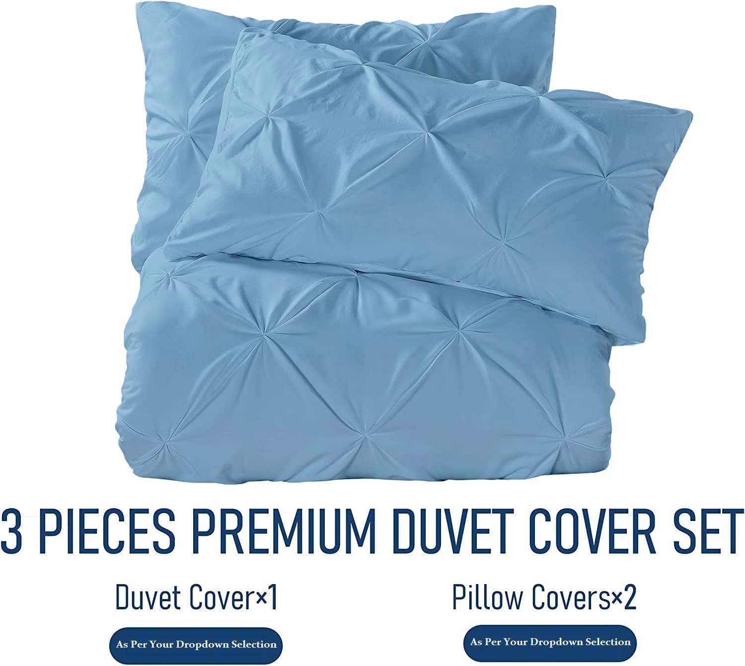 Crown Collection Luxuriate Hotel 1000-TC Hypoallergenic Ultra Soft Design 100% Egyptian Cotton Pinch Plated Duvet Cover with Zipper Colser & 2pcs Pillow Case Set (Oversize 98x120, Light Blue)