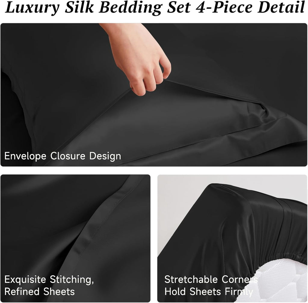 THXSILK Silk Sheet Set 4 Pcs, 25 Momme 100% Top Grade Pure Mulberry Silk Bed Sheets Luxury Bedding Sets Ultra Soft Durable, 1 Fitted Sheet, 1 Flat Sheet and 2 Pillow Shams (Full, Black)