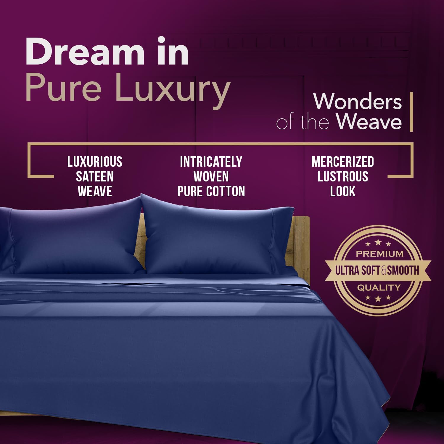 TEXAS LINEN CO. 100% Egyptian Cotton Bed Sheets Full Size - Luxury 1200 Series Star Sleepin' Collection Sheets Full Size Bed Set (4 PC, Navy Blue), 17' Deep Pocket, Cooling Sateen Hotel Bedding Set