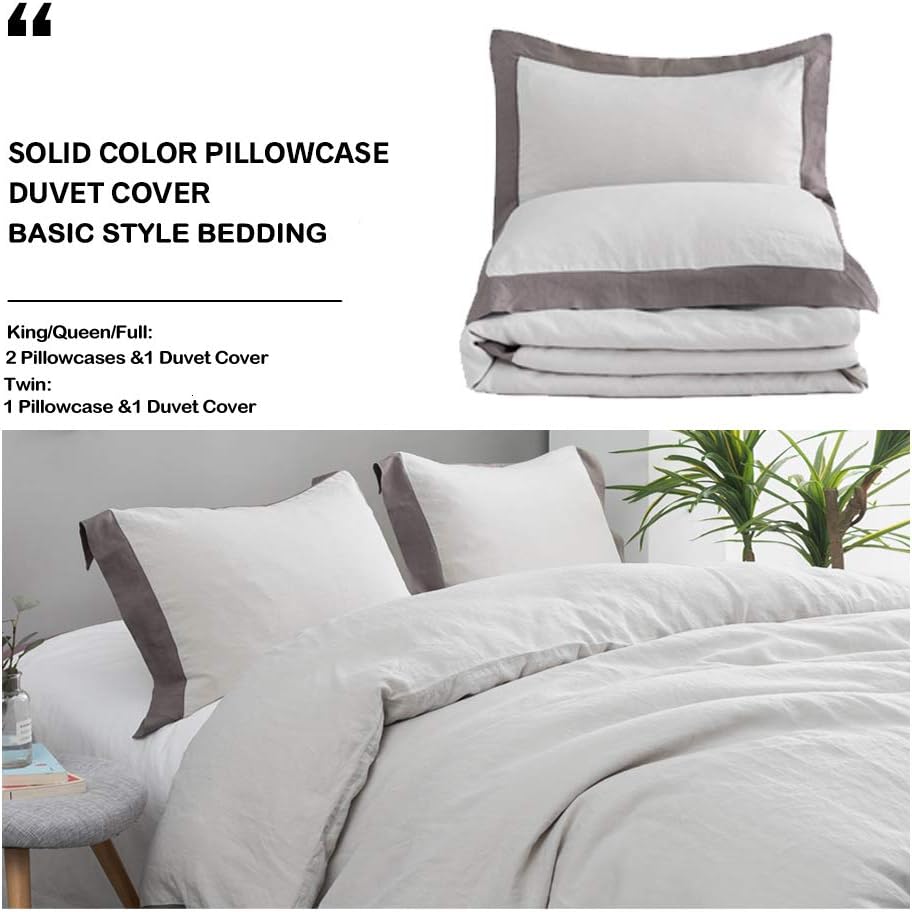 Simple&Opulence 100% Linen Duvet Cover Set with Washed French Flax-King Size(104'x 92')- 3 Pieces (1 Comforter Cover,2 Pillowshams) Basic Border Design Premium Bedding Set Breathable,Grey and Brown