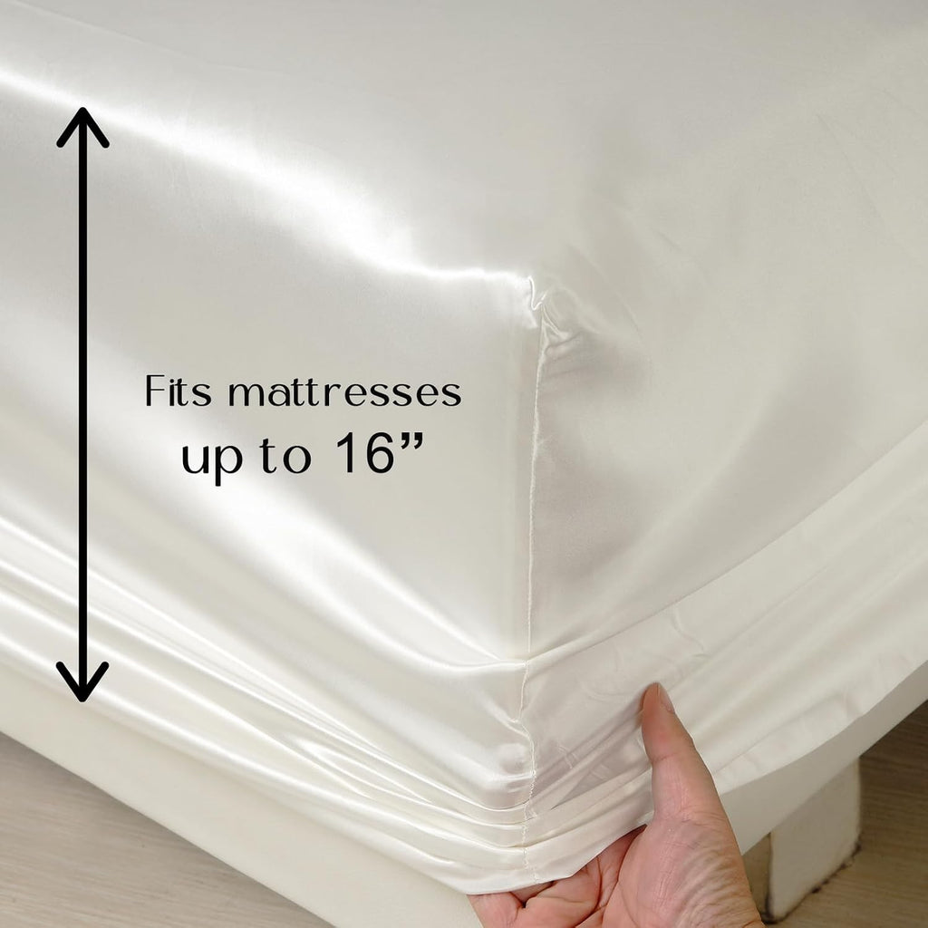 ZIMASILK 100% Mulberry Silk Fitted Sheet,Seamless Bedding Set with Deep Pocket,Both Sides 19 Momme Silk, 1pc Silk Fitted Sheet Only(King 78''x80''+16', Ivory)