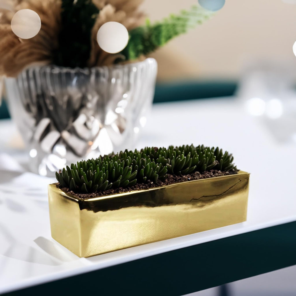 WGVI Long Rectangle Ceramic Planter Vase in Gold 12' x 4' x 4'H, Block Rectangular Terrarium Box Pot, Flower Arrangement, Table top Centerpiece, Home Decor Organization Storage Container, 6 Pcs.