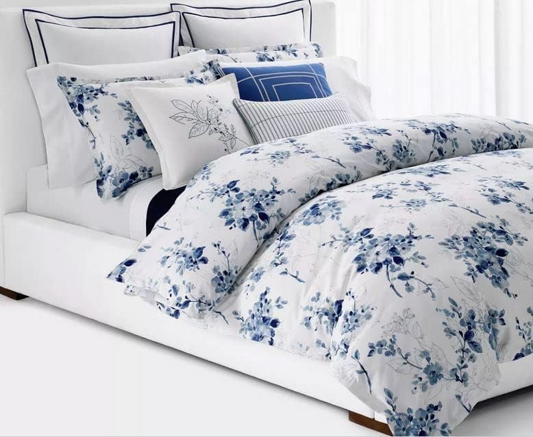 Lauren Ralph Lauren Beautiful Watercolor Sandra Grey Navy Blue Floral King 3 pc Duvet Cover Set Shams White Luxurious 100% Cotton Sateen Silky Smooth