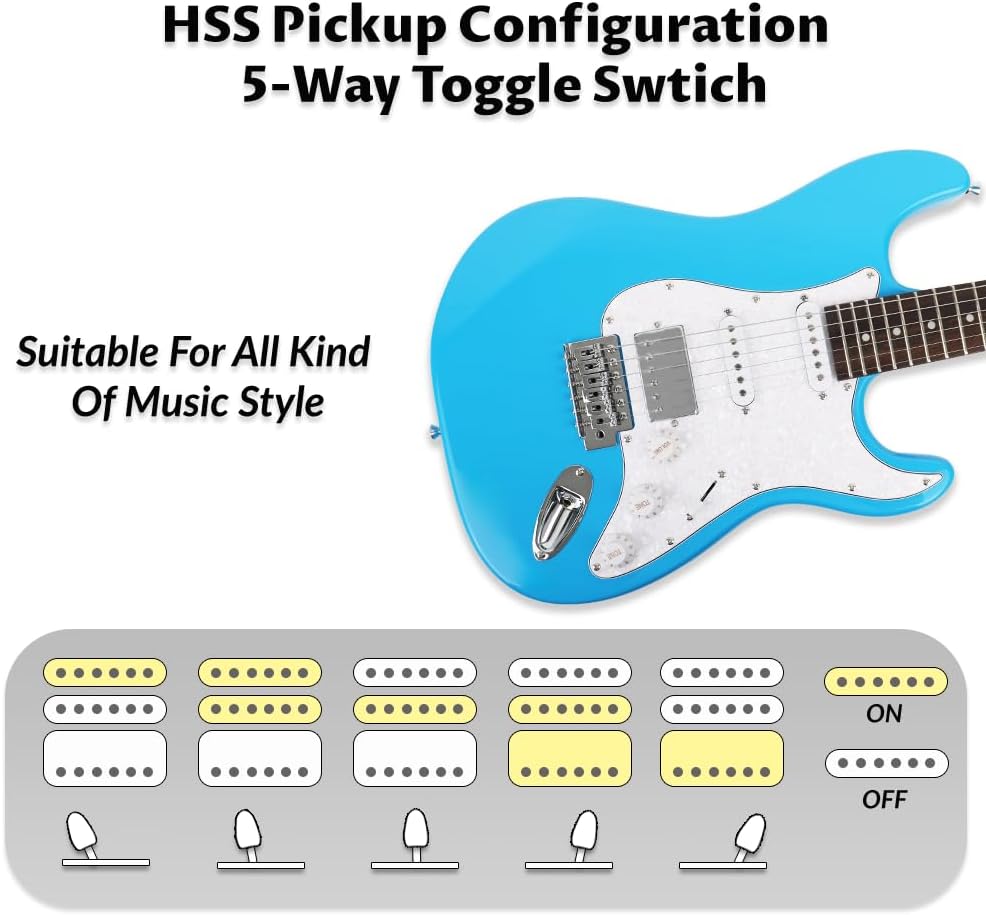 Fojill HSS Pickup 39 Inch Full Size Electric Guitar Kit Set Beginner Starter Combo Package Bundle 10W Battery Power Bluetooth Amplifier Amp Bag,Picks, Cable, Strap, Extra Strings