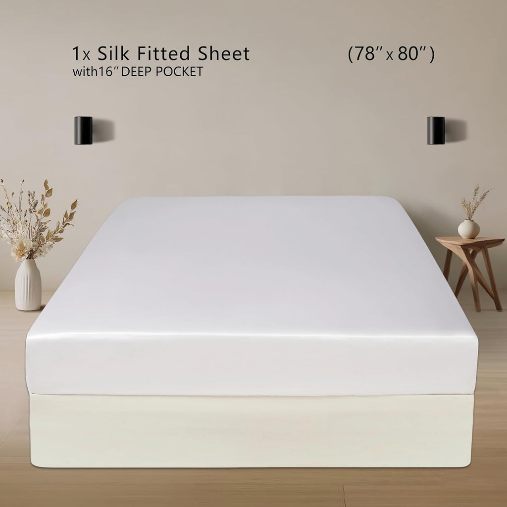 ZIMASILK 100% 19 Momme Mulberry Silk Fitted Sheet for Sleeping with Deep Pocket, Soft, Breathable & Hypoallergenic for Hair & Skin Care (King 78''x80''+16', White)