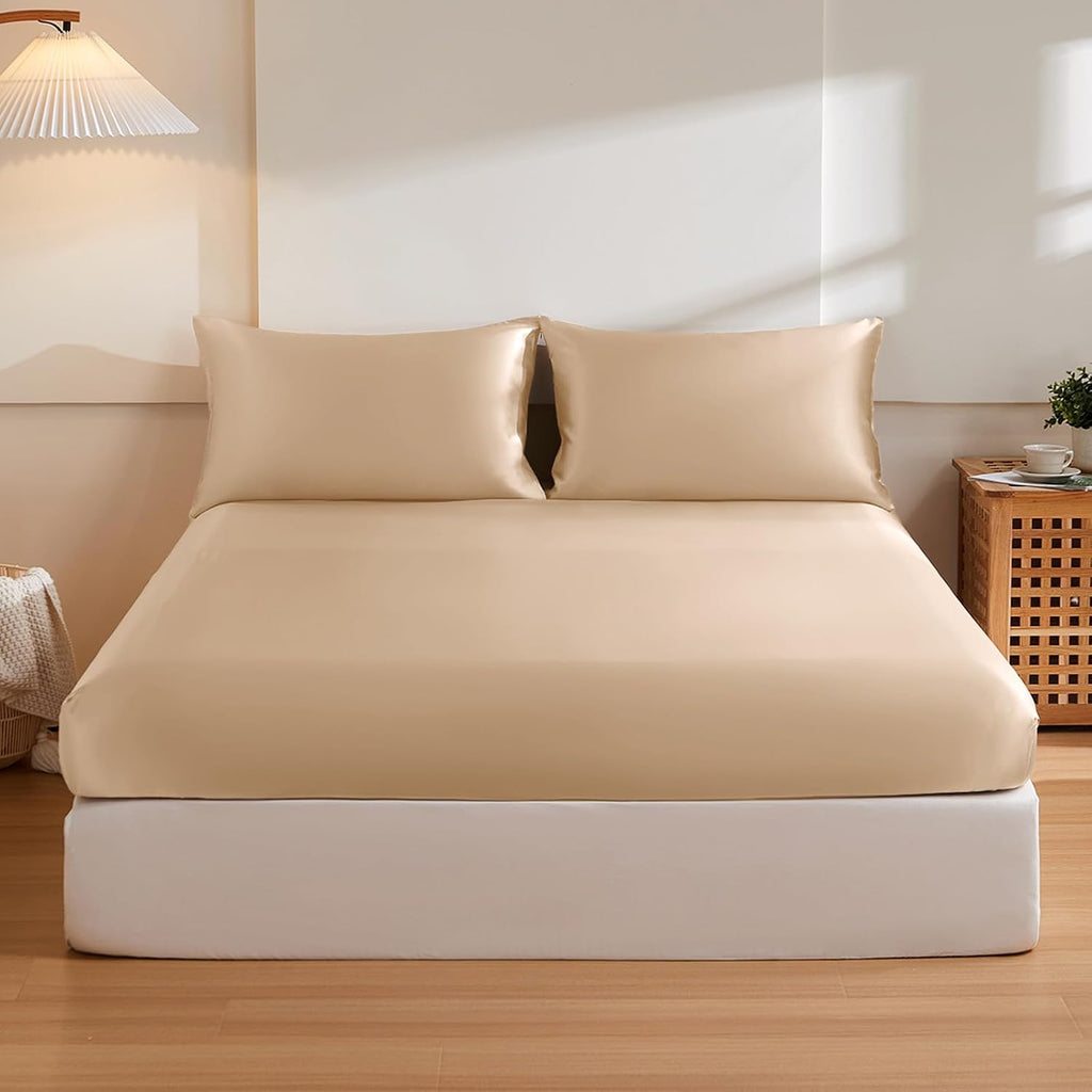 THXSILK 6A+ Top Grade 100% Pure Mulberry Silk King Fitted Sheet 3Pcs Set Bed Sheets Luxury Bedding for Hair and Skin Breathable Cooling Safe Material, 1 Fitted Sheet with 2 Pillowcases, Champagne