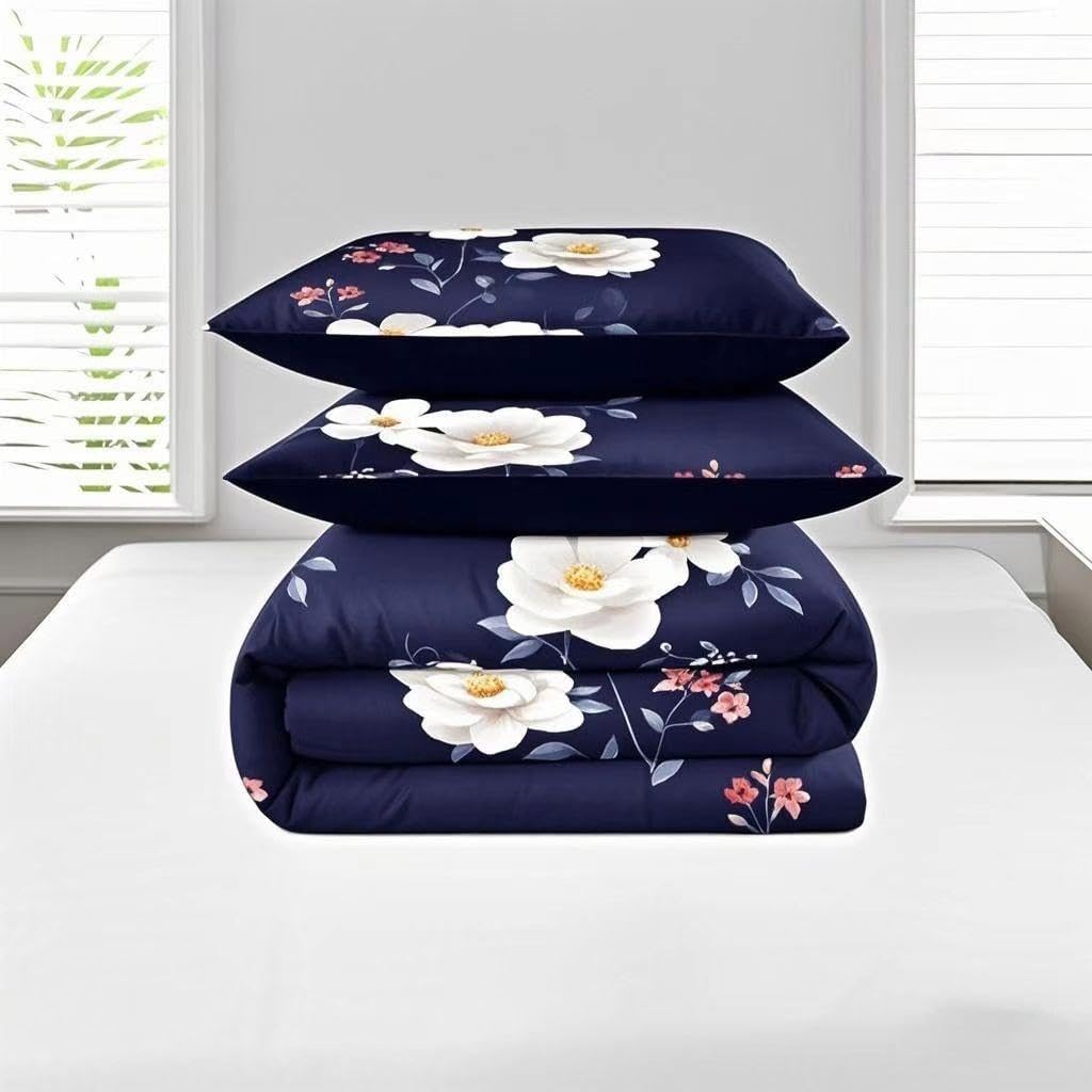 9 Pieces Bed in a Bag with Curtains,King Size,Navy Blue and White Flower,Coverlet Quilted Bed Throw,Bedcover,Machine Washable,Gift for Wedding and Fastival
