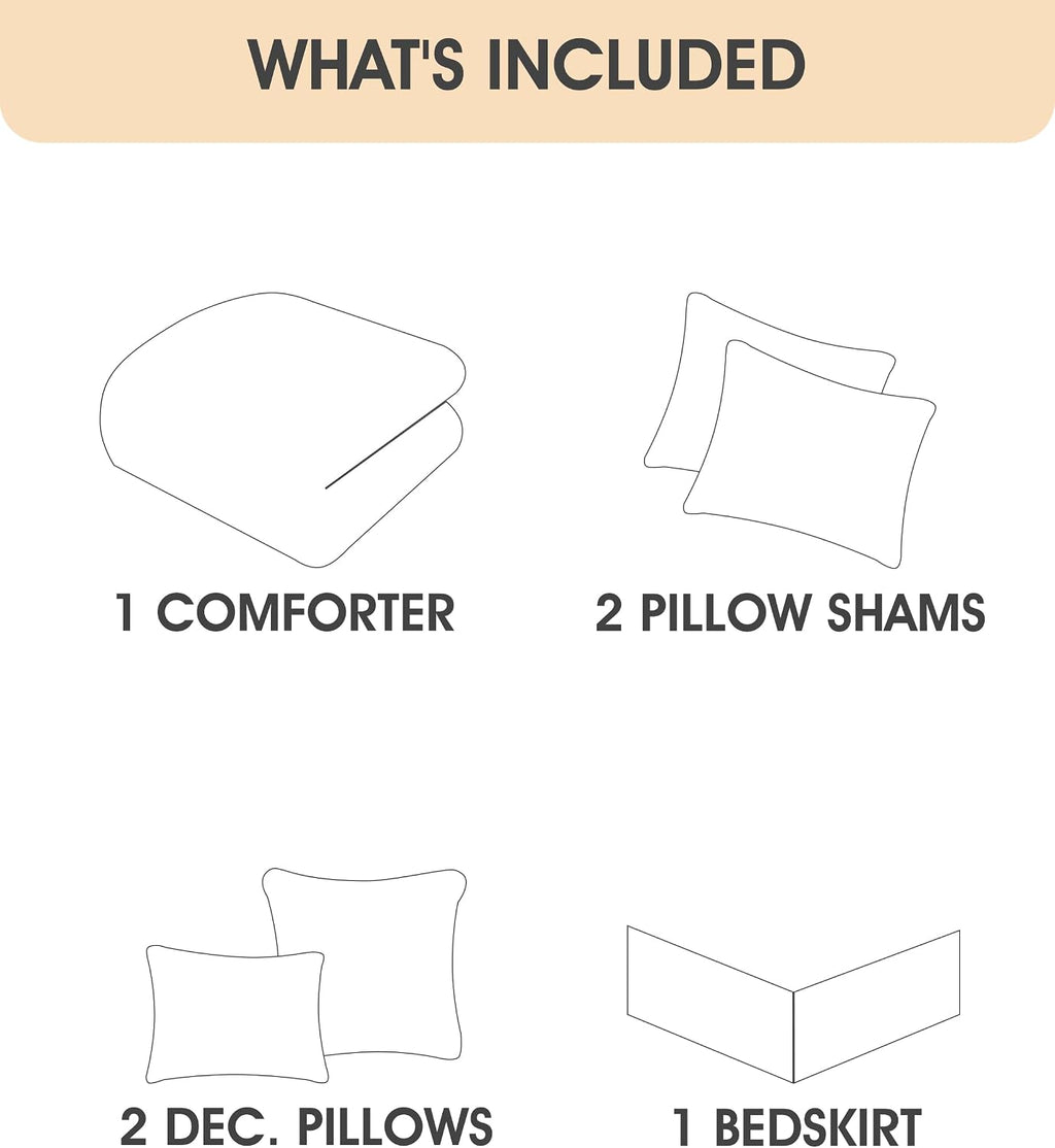 LANCO MODERN LIFESTYLE Cotton Comforter Set King, Gorgeous Geometric Jacquard, Beige Soft Lightweight Bedding Set for All Seasons, Bedskirt, Pillow Shams and Decor Pillows