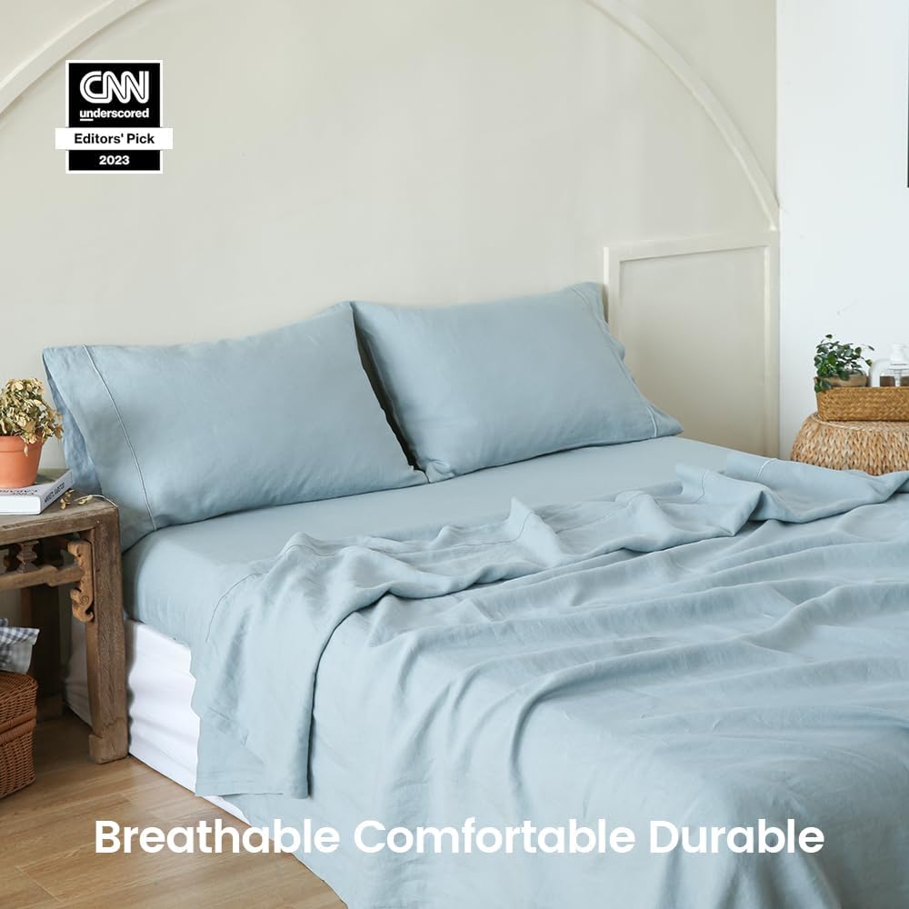 Simple&Opulence 100% Linen Sheet Set with Embroidery Washed - 4 Pieces (1 Flat Sheet & 1 Fitted Sheet & 2 Pillowcases) Natural Flax Soft Bedding Breathable Farmhouse - Dusty Blue, Full Size