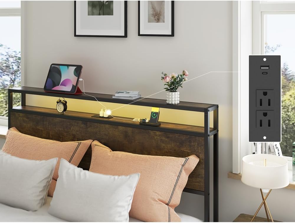 Queen Bed Frame with LED Lights and Charging Station - Robust Metal Wood Construction, Rustic Wood Platform Bed Frame with 2 Drawers, No Box Spring Needed, Noise Free, Vintage Brown, Easy Assemble