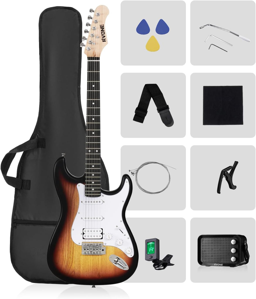 RVONE RST-150 39'Beginner Electric Guitar Kit with Amplifier, Classic HSS Pickup, Electric Guitar with Gig Bag, Capo, Strap, Extra Strings, Digital Tuner, 3 Picks, Cleaning Cloths (Sunburst)