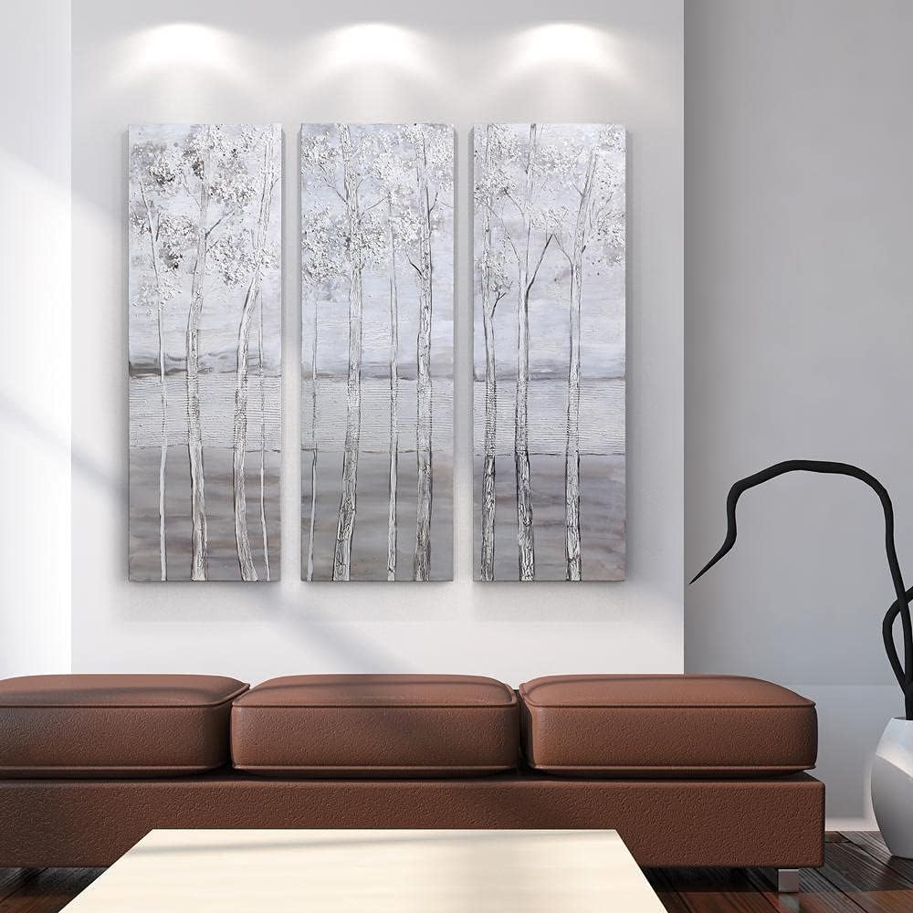 Empire Art Direct Abstract Wall Art Textured Hand Painted Canvas by Martin Edwards, Triptych, 48' x 16' each, Silver Winter