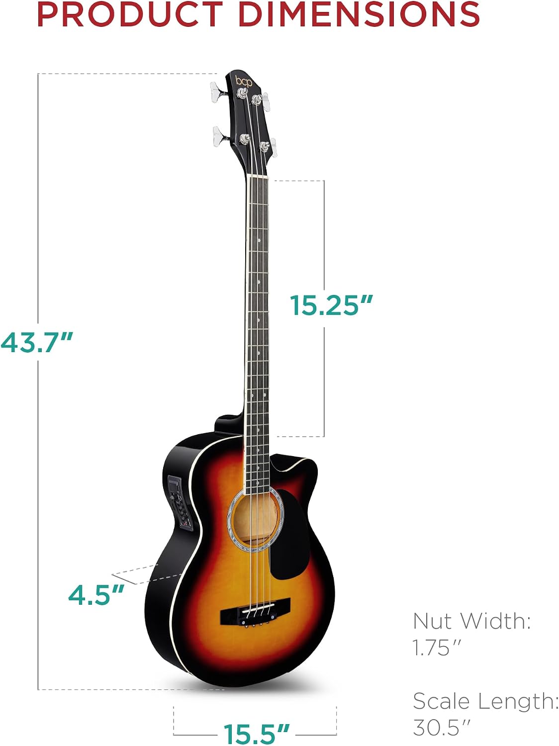 Best Choice Products Acoustic Electric Bass Guitar, Full Size 4 String, Fretted Bass Guitar w/Padded Gig Bag - Vintage Sunburst