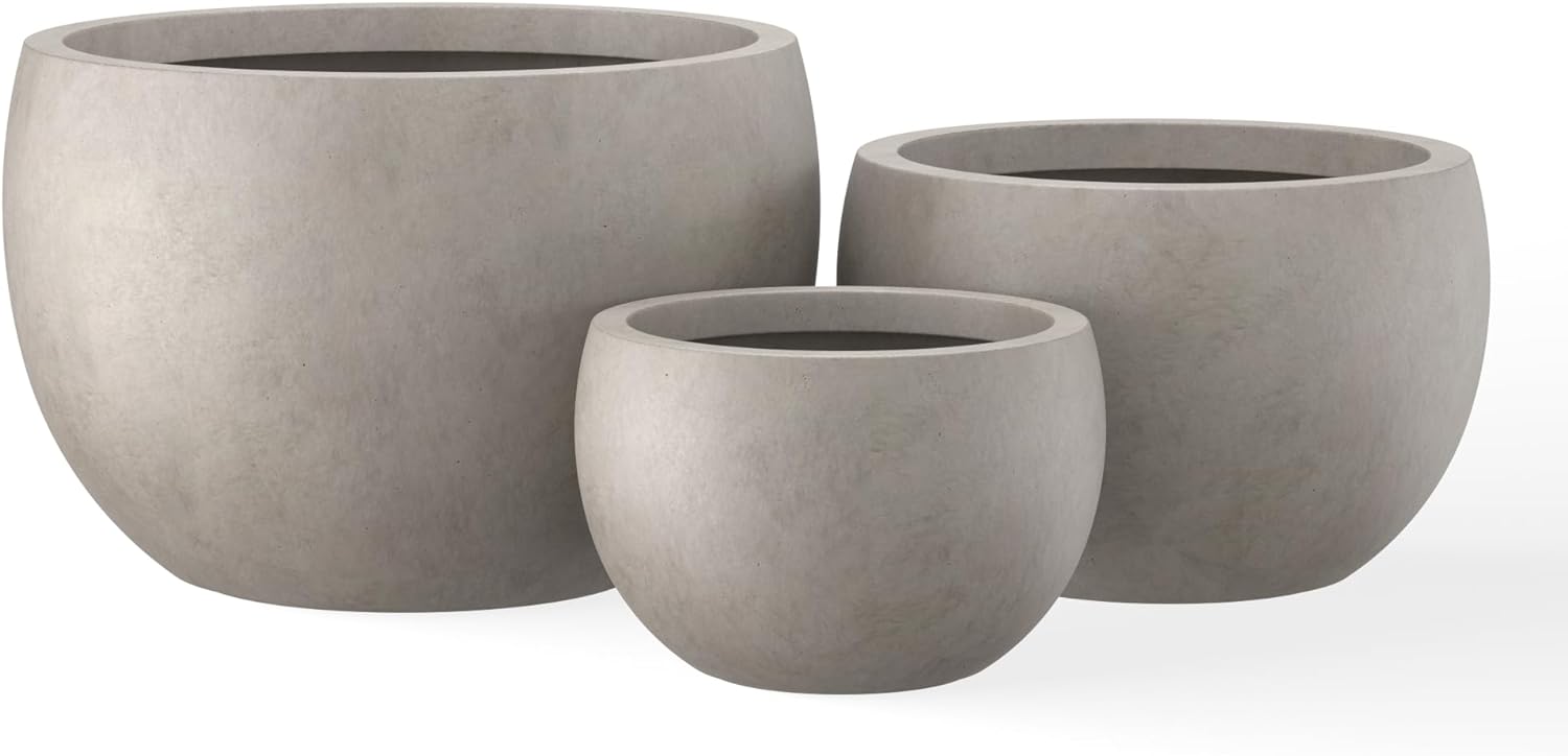 Kante 19.9',15.7',11.8' Dia Round Concrete Planter Set of 3, Outdoor/Indoor Large Bowl Plant Pots with Drainage Hole and Rubber Plug for Garden Patio Balcony Home, Weathered Concrete