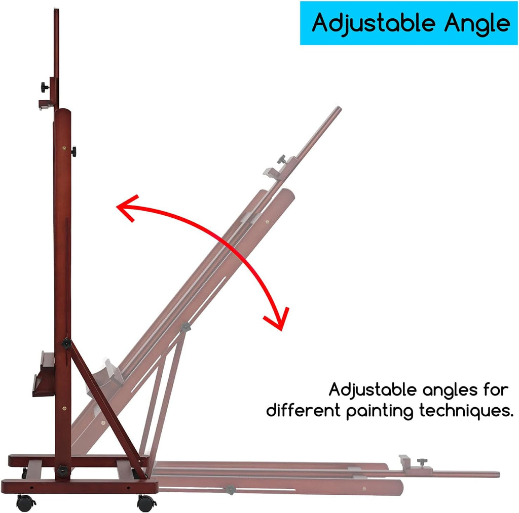 MEEDEN Large Studio Artist Easel, Holds Max Canvas 48', Solid Beech Wood H-Frame Easel with Large Storage Tray, Adjustable Art Painting Easel Stand with Wheels for Beginners & Artists, Deep Walnut