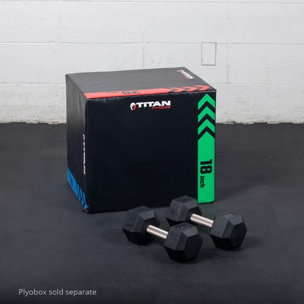 Titan Fitness 25 LB Pair Free Weights, Black Rubber Coated Hex Dumbbell, Straight Stainless Steel Handle, Strength Training, Full Body Workout
