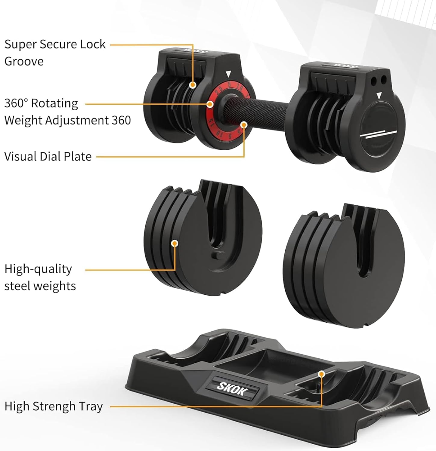 SKOK 25/55 lbs Pair Adjustable Dumbbells Set, Adjustable Weights Dumbbells Set for Men and Women with Anti-Slip Fast Adjust Weight by Turning Handle Dumbbell with Tray
