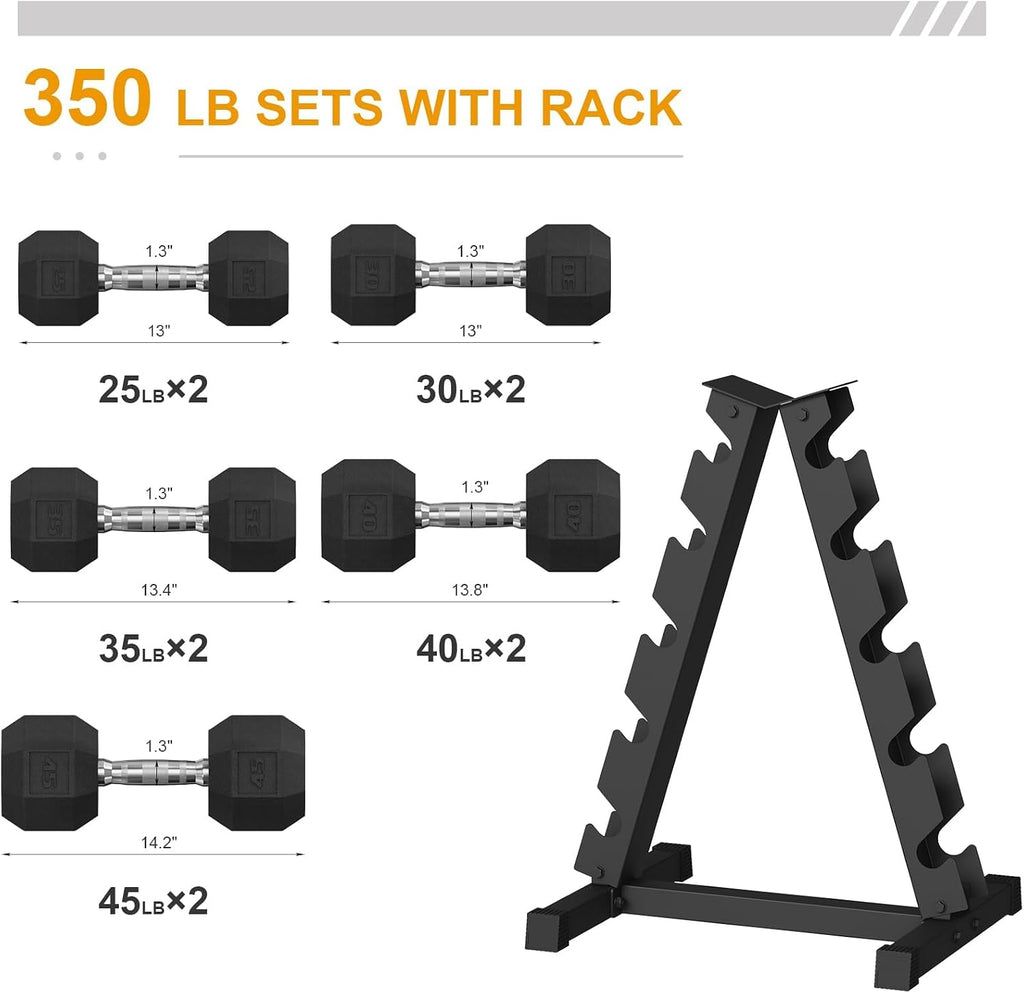Hex Dumbbell Sets with Rack, 350LB (25-45Lb, 5 Pairs) Rubber Coated Dumbbell Weight Set and Storage Rack,Multiple Sizes Exercise & Fitness Dumbbells for Muscle Toning, Strength Building & Full Body Workout