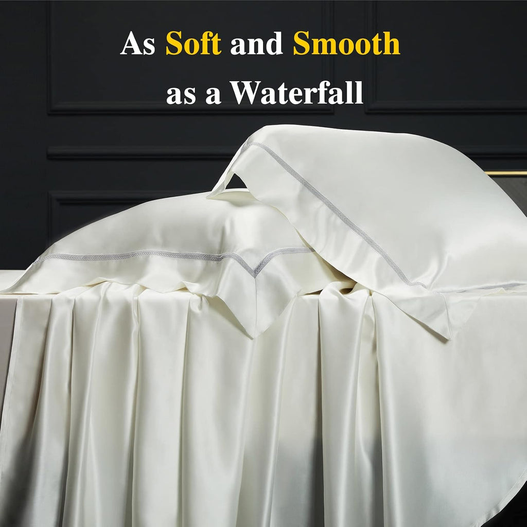 YOUR MOON 100% Mulberry Silk Sheets Set Queen Size 4 Pcs, 25 Momme Mulberry Silk Bed Sheets, Ultra Soft Luxury Bedding Sets, 1 Fitted Sheet, 1 Flat Sheet, 2 Pillow Shams (White)