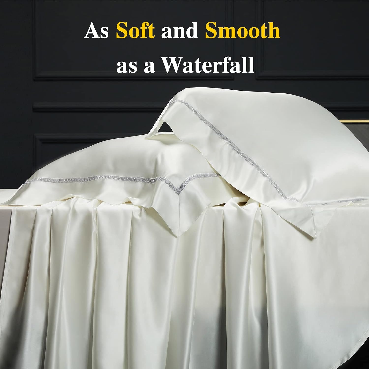 YOUR MOON 100% Mulberry Silk Sheets Set Queen Size 4 Pcs, 25 Momme Mulberry Silk Bed Sheets, Ultra Soft Luxury Bedding Sets, 1 Fitted Sheet, 1 Flat Sheet, 2 Pillow Shams (White)
