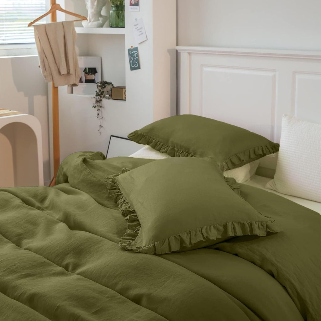 Simple&Opulence 100% Linen Duvet Cover Set, 3 PCS Natural French Flax Ruffle Duvet Cover King Size, Breathable Comfy Linen Bedding Comforter Cover with 2 Pillowcases (Olive Green, 104' X 92')