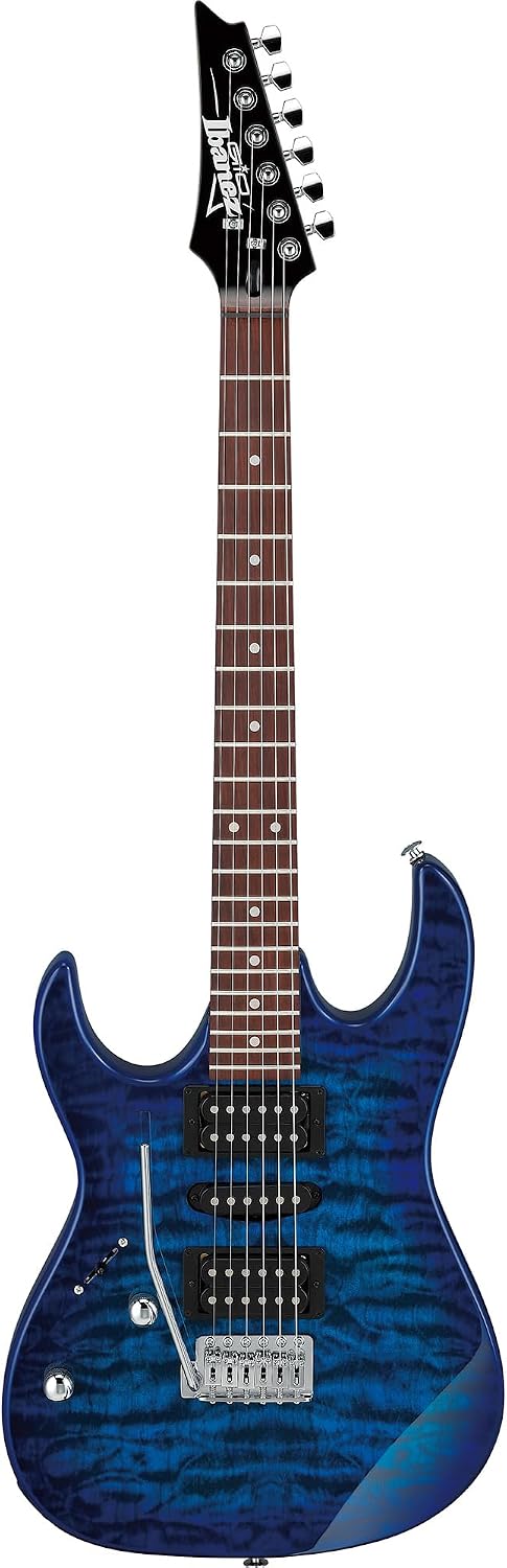 Ibanez GRX70QAL RG Gio Electric Guitar, Left Handed - Transparent Blue Burst Bundle with Amplifier, Gig Bag, Tuner, Cable, Picks, Austin Bazaar Instructional DVD, and Polishing Cloth
