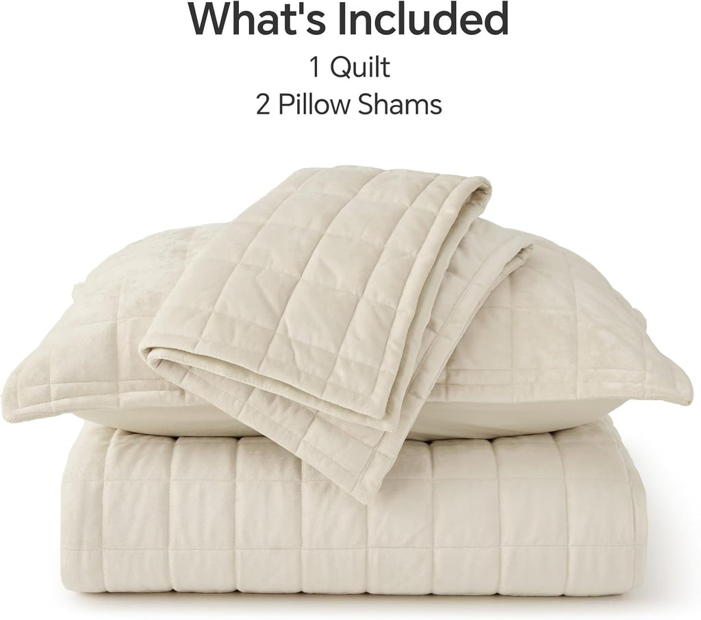 BEDELITE Velvet Quilt Set Oversized California King- Luxury Velvet Comforter Bedding Set 3 Pieces, Soft Cozy Cream White Oversized Bedspread Coverlet for All Seasons with 2 Pillow Shams