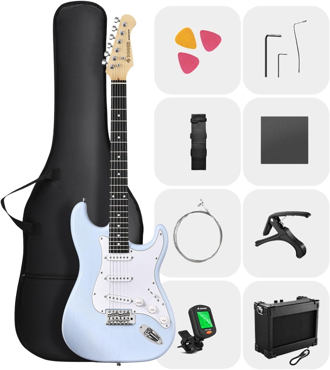 DONNER DST-80 Electric Guitar 39' Beginner Electric Guitar Kit with Amp, Classic SSS Pickup Complete with Gig Bag, Tuner, Capo, Strap, Picks, and Free Online Lessons