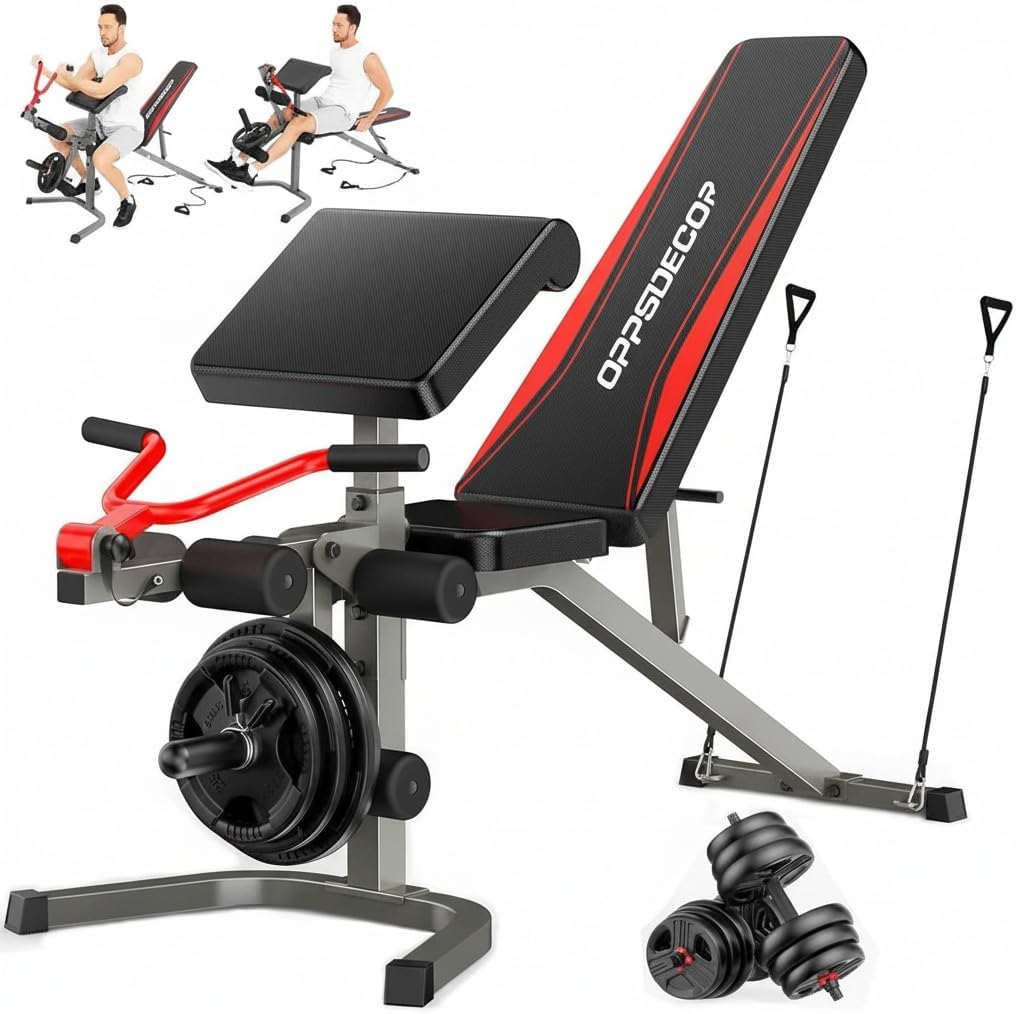 OPPSDECOR Professional 900LBS Weight Bench with Leg Extension & Leg Curl & Preacher Curl, Heavy-Duty 7+3 Adjustable Positions (Back & Preacher) Incline Decline Flat Workout Bench for Home Gym Fitness