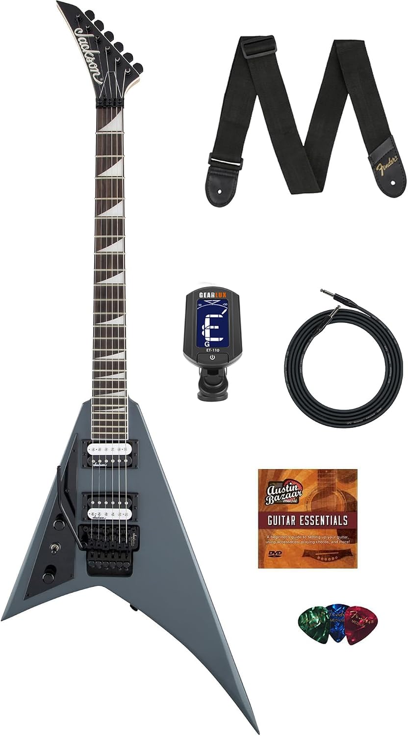 Jackson Rhoads JS32 Left-Handed Electric Guitar - Satin Gray Bundle with Cable, Tuner, Strap, Picks, and Austin Bazaar Guitar DVD