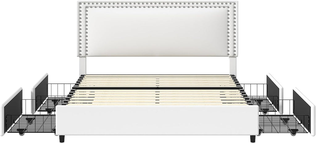 VECELO Full Size Upholstered Bed Frame with 4 Storage Drawers, Adjustable Velvet Rivet Decor Headboard, Wooden Slats Platform Support, No Box Spring Needed, Easy Assembly,White