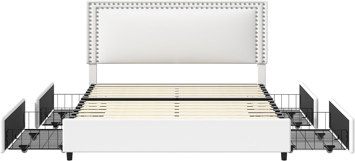 VECELO Full Size Upholstered Bed Frame with 4 Storage Drawers, Adjustable Velvet Rivet Decor Headboard, Wooden Slats Platform Support, No Box Spring Needed, Easy Assembly,White