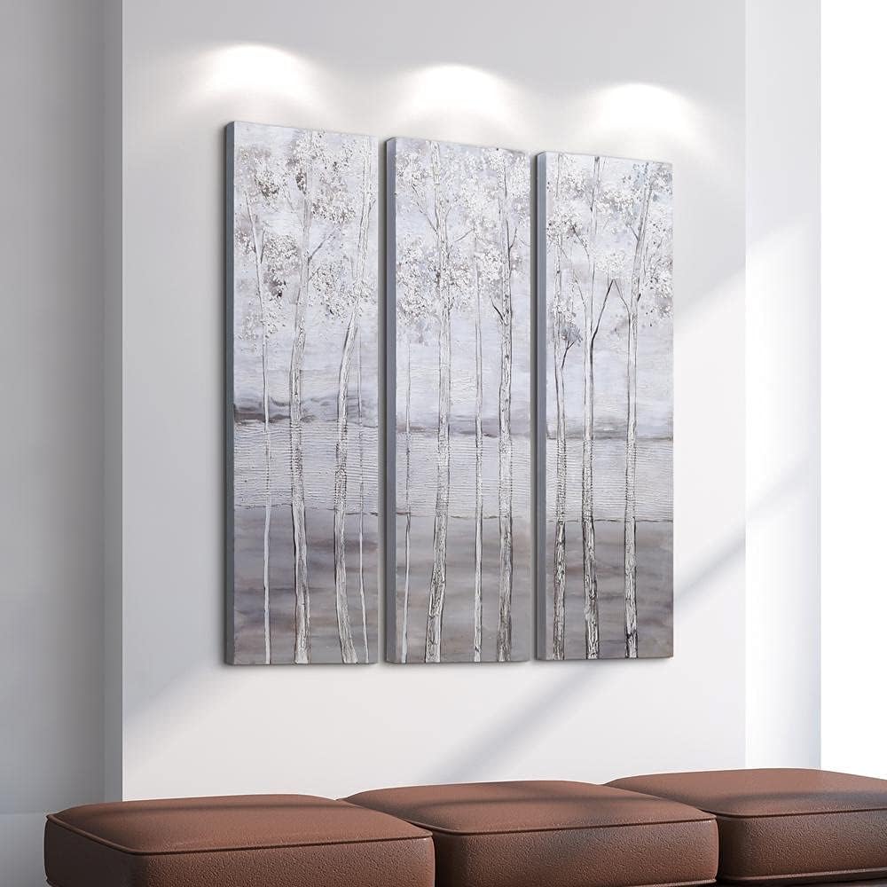 Empire Art Direct Abstract Wall Art Textured Hand Painted Canvas by Martin Edwards, Triptych, 48' x 16' each, Silver Winter