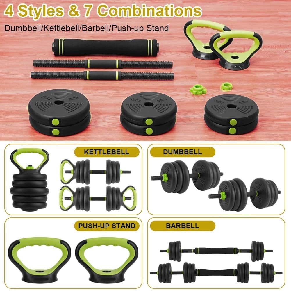 Adjustable Dumbbell Set, 66Lbs Free Weights Set with Connector, 4 In 1 Weight Set Used As Barbell, Kettlebells, Push Up Stand, Fitness Exercise Equipment for Home Gym Suitable Men/Women