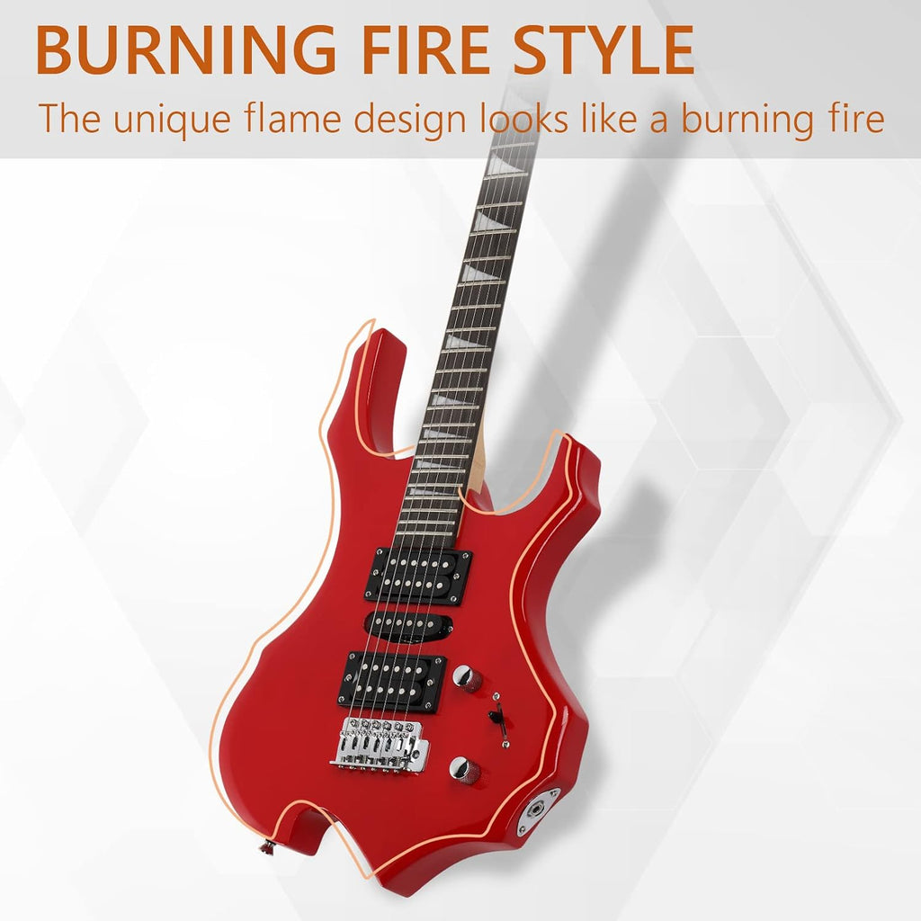 Ktaxon Burning Fire Design Electric Guitar Kit, 36-inch HSH Pickup Electric Guitar Beginner Guitar Set with Amplifier, Rosewood Fingerboard, 5-Ways Pickup Switch (Red)