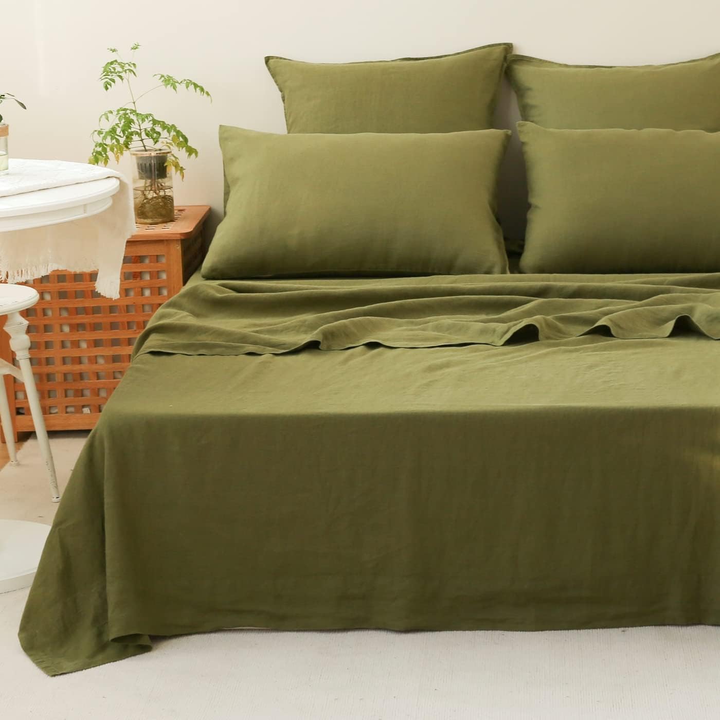 Simple&Opulence 100% Linen Sheet Set 3pcs Basic Style, Deep Pocket, Natural French Washed Flax Solid Color Soft Breathable Bed Sheets - Olive Green, Twin