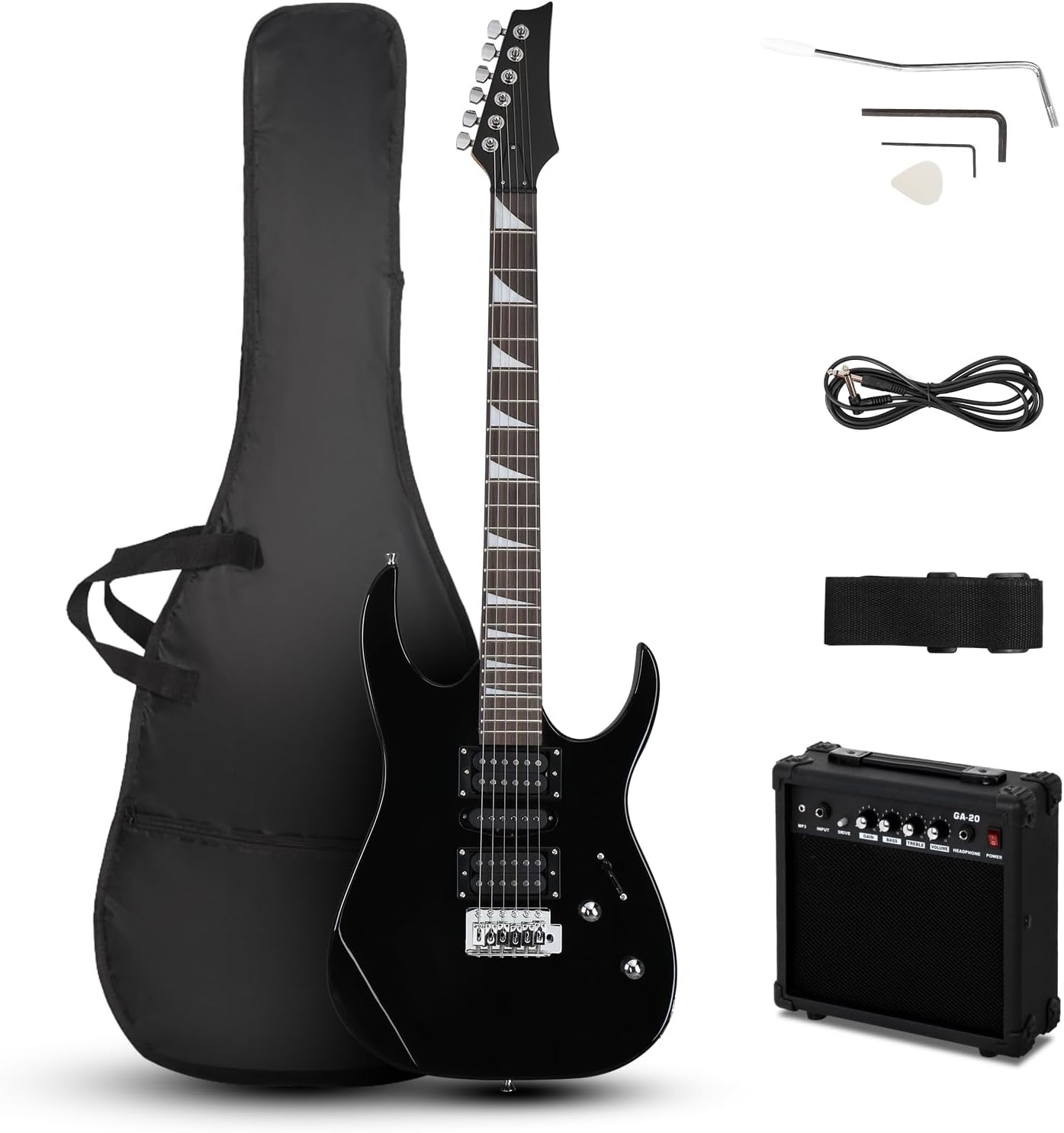 Ktaxon 39' Electric Guitar with 20Watt Amp, Full Size 170 Model Starter Guitar Kit for Beginners & Professionals W/Bag, Shoulder Strap, Wrench Tool, Plectrum - Black