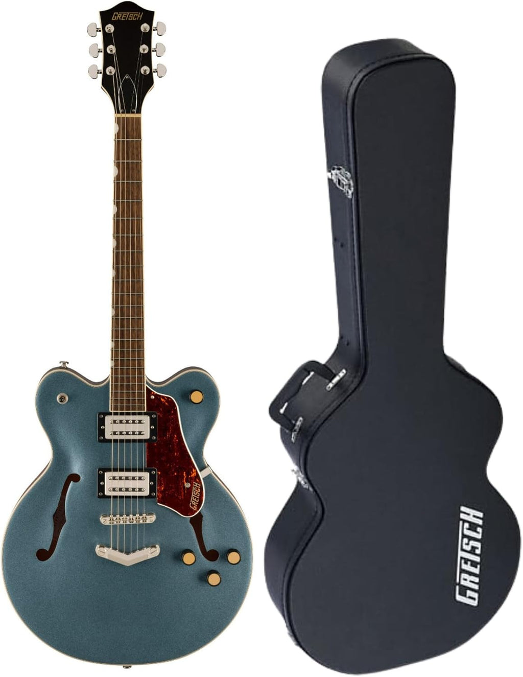 Gretsch G2622 Streamliner Electric Guitar (Gunmetal) - Double-Cut Body Design with Broad'Tron Pickups - 6-String Right-Handed Instrument - Hollow Body Bundle with Plywood Case (Black) (2 Items)