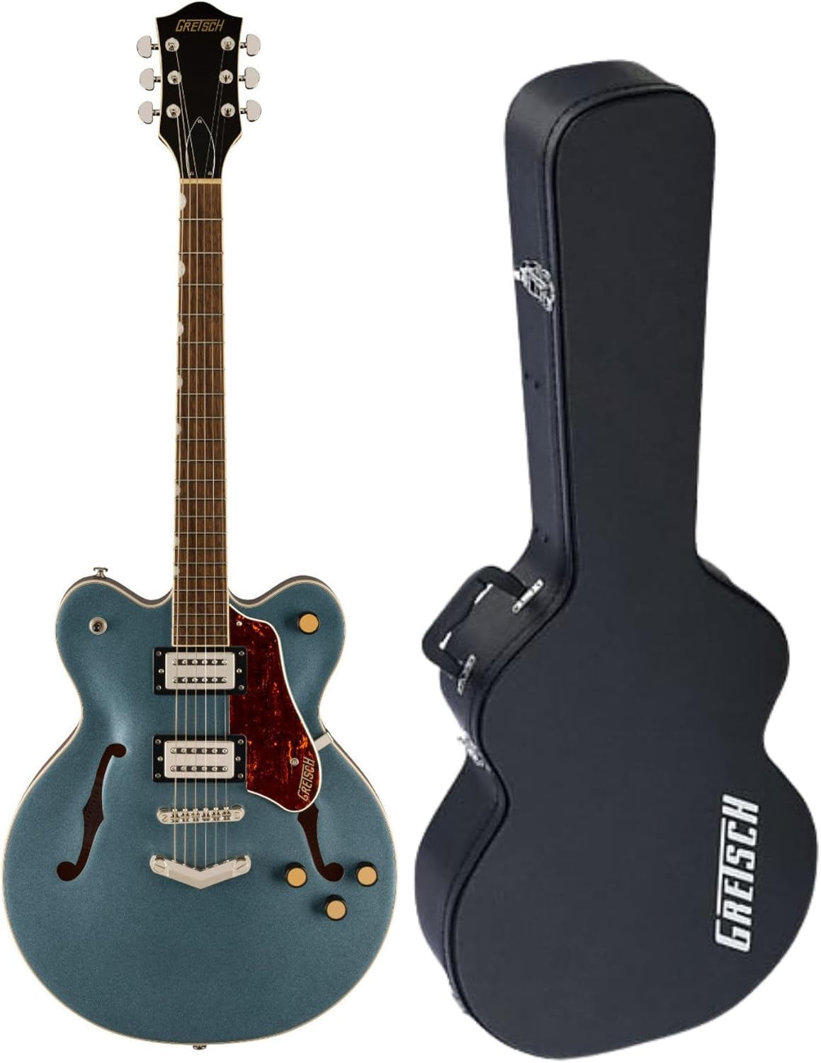 Gretsch G2622 Streamliner Electric Guitar (Gunmetal) - Double-Cut Body Design with Broad'Tron Pickups - 6-String Right-Handed Instrument - Hollow Body Bundle with Plywood Case (Black) (2 Items)