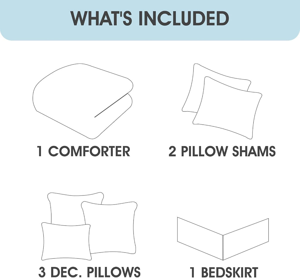 LANCO MODERN LIFESTYLE 7 Piece Queen Size Comforter Set, White Grey, Striped Jacquard Design, Soft and Cozy for All Seasons, Bed in a Bag with Comforter, Pillow Shams, Decorative Pillows and Bedskirt