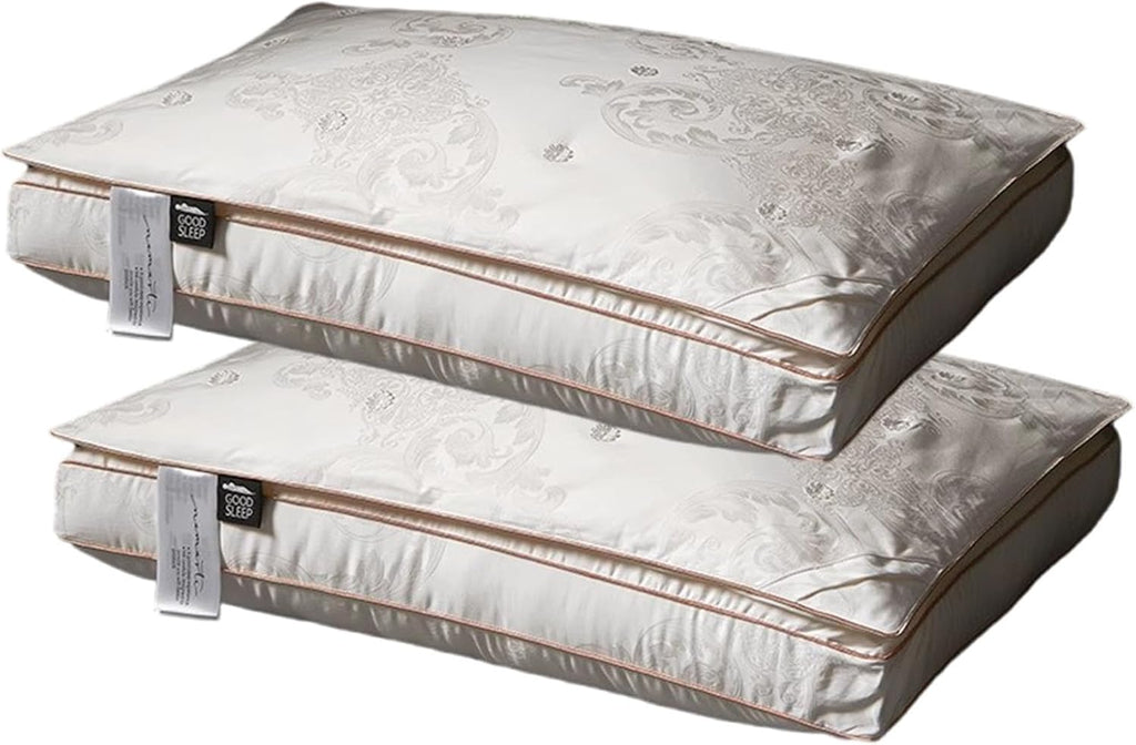 Luxury Mulberry Silk Filled Pillow 2 Pack - 100 Count Cotton Jacquard Pillowcase, Ultra-Soft & Smooth Natural Mulberry Silk Bed Pillows for Sleeping, Head & Neck Support, 48 X 74CM,White