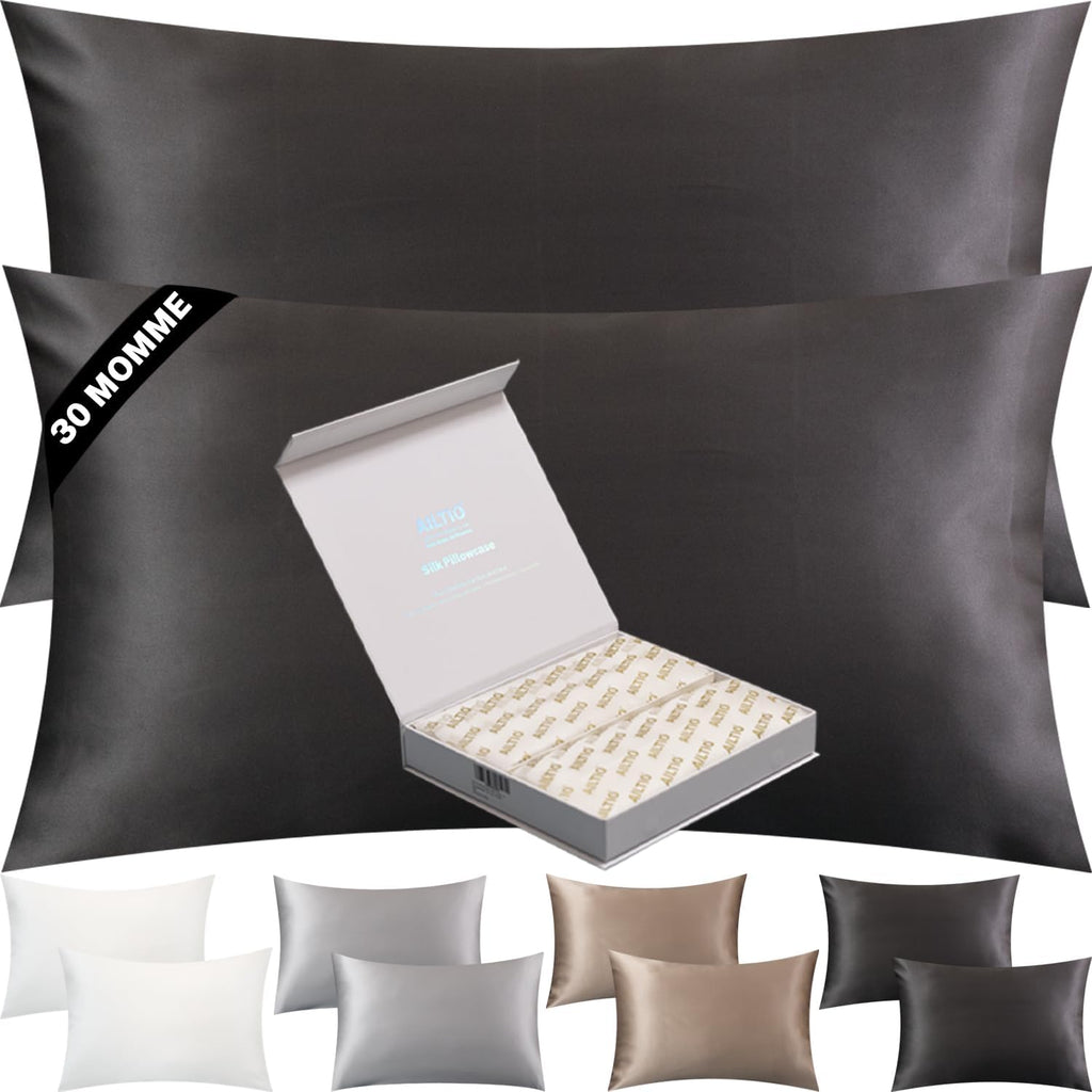 Silk Pillow Cases 2 Pack - 30 Momme Grade 6A Pure Mulberry Silk with Zipper - Cooling Hypoallergenic for Hair & Skin (Grey, King)