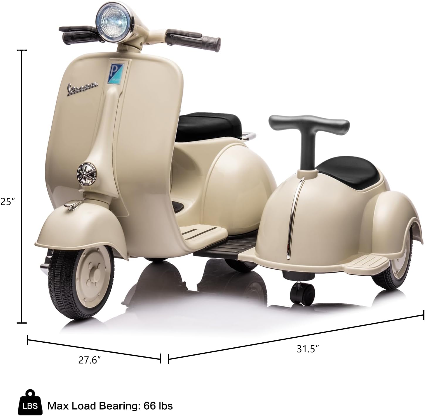 Licensed Vespa Ride on Toys, Motorcycle with Side Car & Speaker | Motorcycle 3 Wheeler 2 Seater Car Rechargeable with Music Player, Headlight, USB Plug, Forward, Backward, Beige